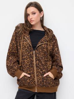 Cider - Suede Women's Oversized Leopard Print Hooded Zip-Up Hoodie Tan