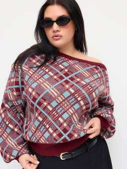 Cider - Knit Plaid Women's Asymmetrical Neck Lantern Sleeve Top Wine
