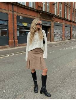 Cider - Tweed Women's Mid-Rise Houndstooth Belted Midi Skirt Brown
