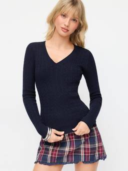 Cider - Cable Knit Women V-Neck Long Sleeve Pullover Sweater Navy Blue