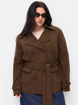 Cider - Corduroy Women Double Breasted Belted Jacket Brown