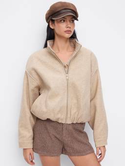 Cider - Wool-look Women Zip-Through Stand Collar Bomber Jacket Beige