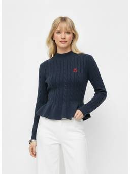 Cider - Cable Knit Women Cherry Embroidered Peplum Sweater Blue
