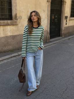 Cider - Striped Women's Oversized Round Neck Long Sleeve T-Shirt White