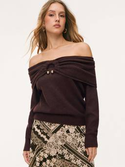 Cider - Knit Women's Oversized Off-Shoulder Metal Detail Sweater Brown