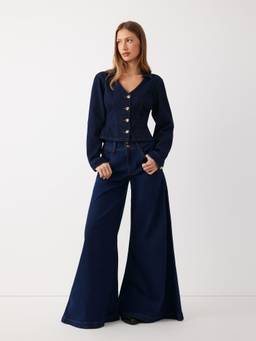 Cider - Washed Denim Women Metal Button Collar Denim Jacket Indigo