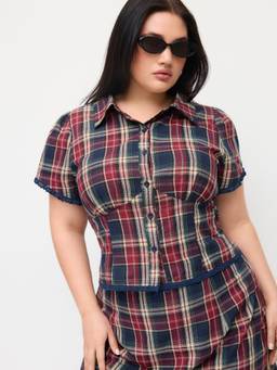 Cider - Plaid Women's Lace Trim Bow Mini Skirt Set Navy Blue