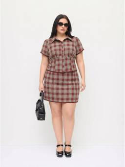 Cider - Cotton Plaid Women Lace Trim Bow Mini Skirt Set Wine