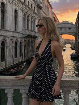 Cider - Cotton Blend Women Polka Dots Halter Neck Flared Mini Dress Black