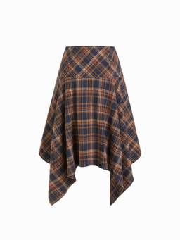 Cider - Wool-look Women Mid-Rise Plaid Flared Asymmetrical Midi Skirt Brown