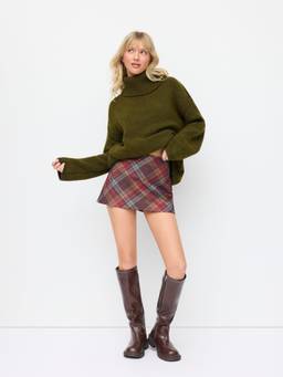 Cider - Cotton-Blend Women Plaid Zipper Mid-Rise Mini Skirt Burgundy