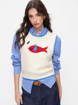 Cider - Fish Graphic Women Sleeveless Round Neck Knitted Vest Cream