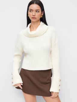 Cider - Rib Knit Women's Regular Fit Turtle Neck Sweater Cream