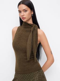 Cider - Knit Women's High Neck Knotted Crop Top Olive