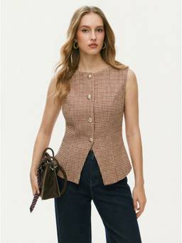 Cider - Wool-look Women's Houndstooth Metal Button Waistcoat Khaki