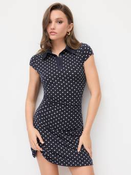 Cider - Ruched Polka Dot Women's Collar Neck A-Line Mini Dress Navy Blue