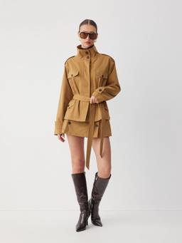 Cider - Woven Collar Women Belted Button Jacket Khaki