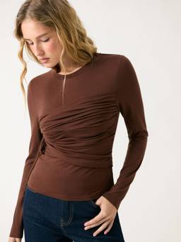 Cider - Ruched Drawstring Women’s Round Neck Long Sleeve Top Brown