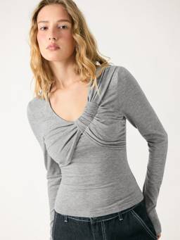 Cider - Women's Ruched Round Neck Full Sleeve Top Grey