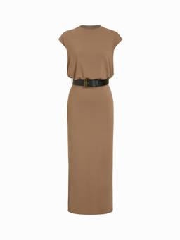 Cider - Women's Belted Round Neck Split Straight Maxi Dress Khaki
