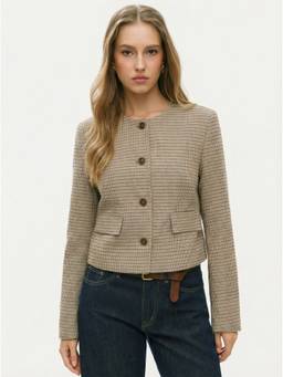 Cider - Houndstooth Women's Waist-Tie Button-Front Blazer Khaki