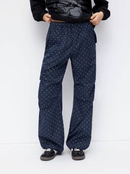 Cider - Polka Dot Women's Mid-Waist Drawstring Straight-Leg Trousers Navy Blue