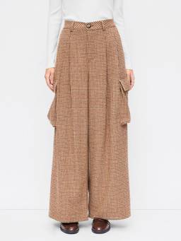 Cider - Houndstooth Women's Mid-Rise Wide-Leg Cargo Trousers Khaki