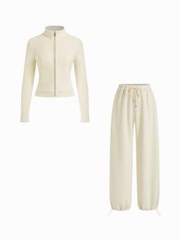 Cider - Fleece Women Stand Collar Zip-Up Pant Set Cream