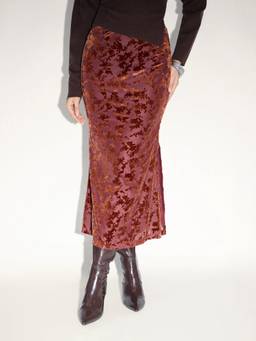 Cider - Velvet Floral Women's Elastic Waist Split Mermaid Maxi Skirt Wine