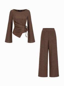 Cider - Textured Women's Asymmetrical Hem Co-ord Set Brown