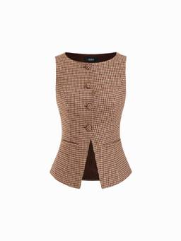 Cider - Houndstooth Women's Boat Neck Buttoned Blazer Vest Brown