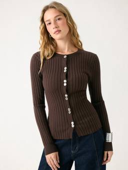 Cider - Ribbed Knit Women's Round Neck Button Top Brown