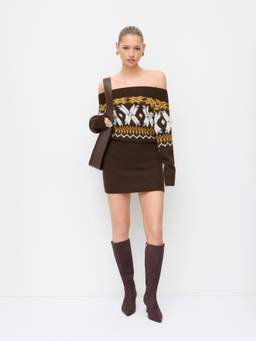 Cider - Fair Isle Women's Off-Shoulder Knit Mini Bodycon Dress Brown