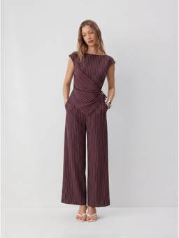 Cider - Striped Women's Asymmetrical Tie-Up Wide-Leg Jumpsuit Burgundy
