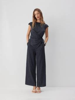 Cider - Striped Women's Asymmetrical Tie-Up Wide-Leg Jumpsuit Navy Blue