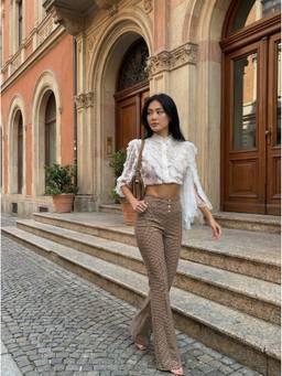 Cider - Wool-look Women High-Rise Houndstooth Flared Trousers Tan