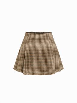Cider - Wool-look Women Houndstooth Pleated Mid Waist Mini Skirt Green