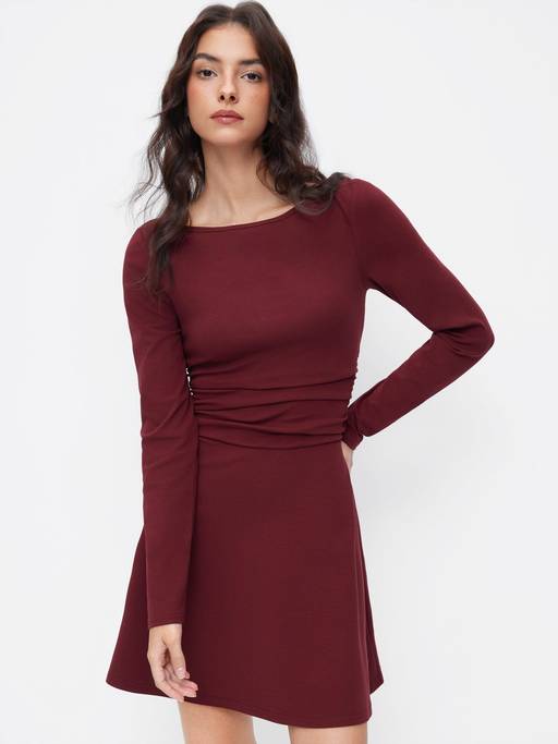 Buy Cider Cotton Blend Women Ruched Boat Neck Flared Mini Dress Burgundy (XXS) Online