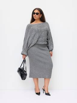 Cider - Cable Knit Women's Off-Shoulder Batwing Sleeve Bodycon Midi Dress Grey