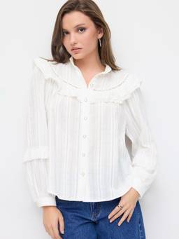 Cider - Cotton Blend Women Ruffle Puff Sleeve Oversized Blouse White