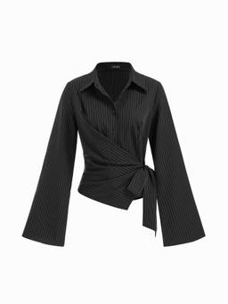 Cider - Striped Women's Wrap Side Tie-Up Bell Sleeve Blouse Black