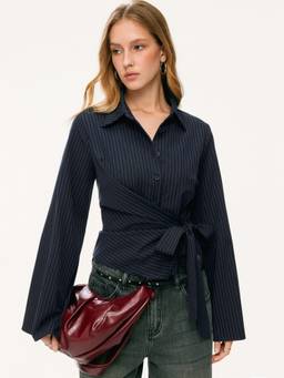 Cider - Striped Women's Wrap Side Tie-Up Bell Sleeve Blouse Navy Blue