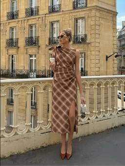 Cider - Plaid Women's Asymmetrical Neck Knotted Split Maxi Dress Brown