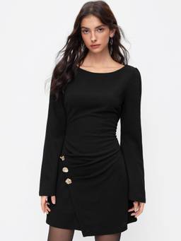 Cider - Ruched Women's Boat Neck Bell Sleeve Mini Dress Black