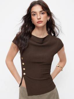 Cider - Metal Button Women Cowl Neck Asymmetrical Hem Top Brown