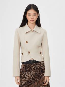 Cider - Asymmetrical Hem Women's Cropped Button Jacket Khaki