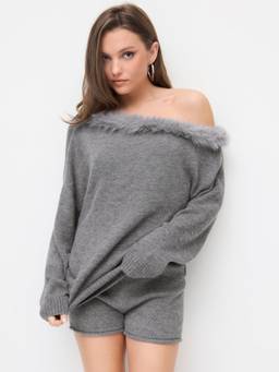 Cider - Asymmetrical Neck Women's Faux Fur Trim Co-ord Set Grey