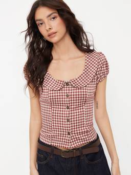Cider - Gingham Women's Peter Pan Collar Puff Sleeve Crop Blouse Red