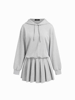Cider - Hooded Drawstring Women's Oversized Pleated Mini Dress Grey