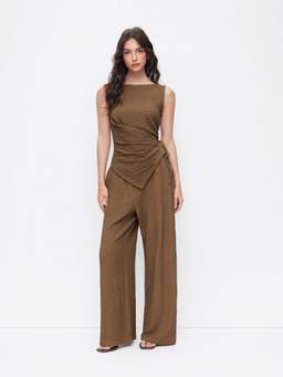 Cider - Textured Women's Boat Neck Asymmetrical Co-ord Set Brown